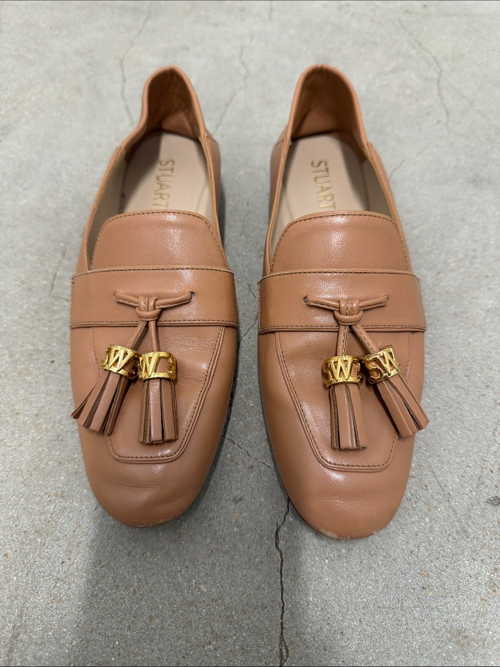 Stuart Weitzman Tan Leather Tassel Loafers with Gold Accents